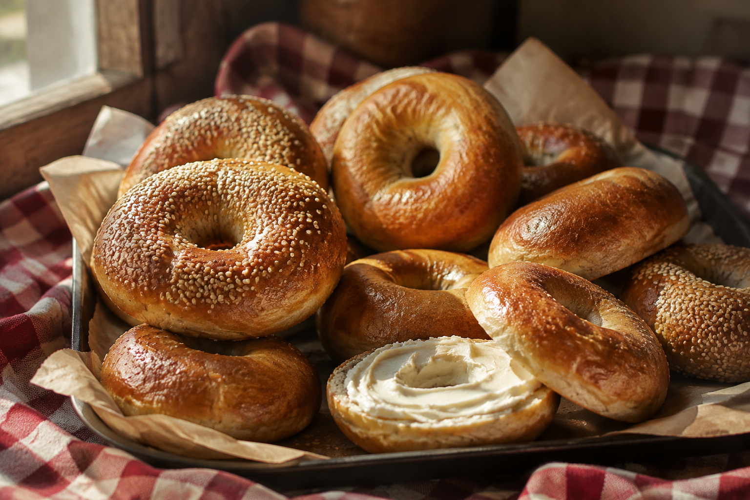 Golden sesame and plain bagels on a bakery tray over a red and cream checked tablecloth.